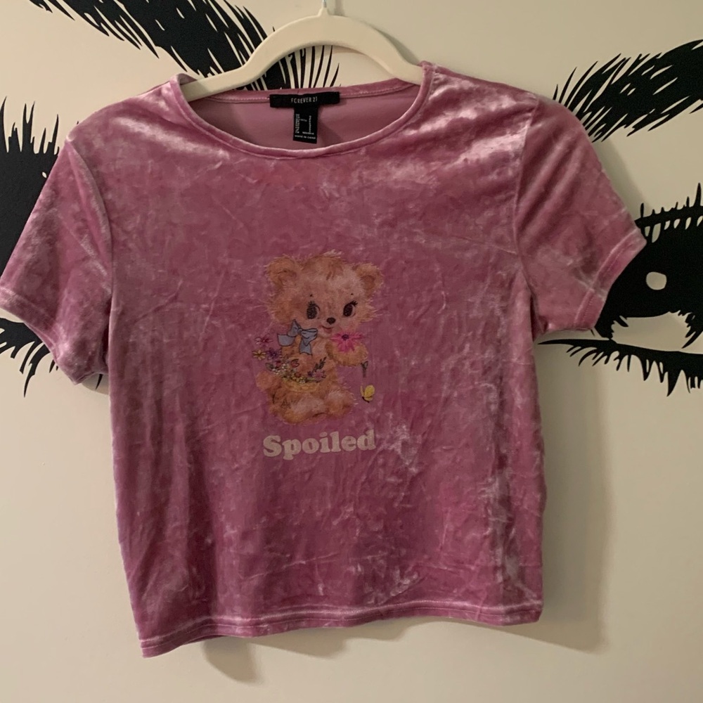 Pink Teddy Bear velvet crop Tee - Picture 1 of 3